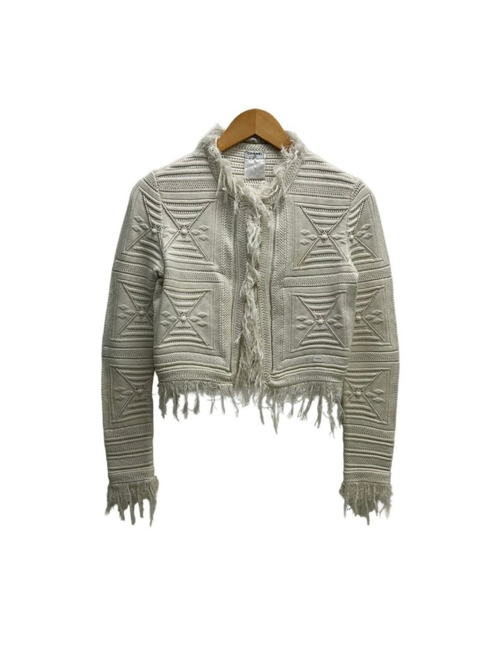 Chanel Jacket M White Long Sleeve Knit Fringe